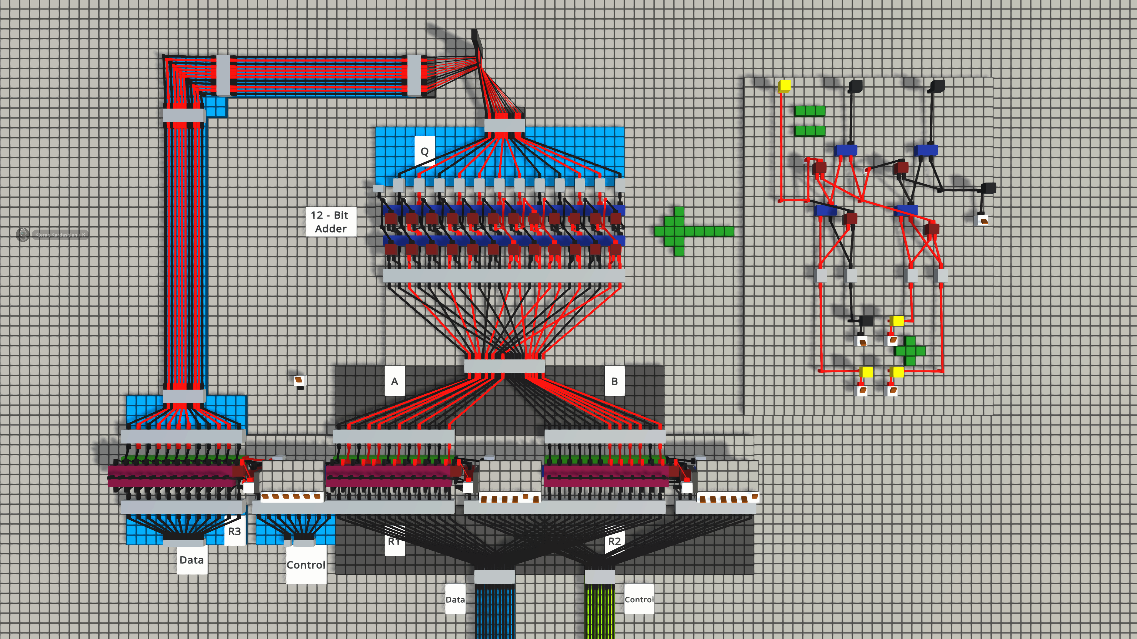 Close-up of the 8-bit ALU in Logic World showing the full adder chain and carry propagation logic