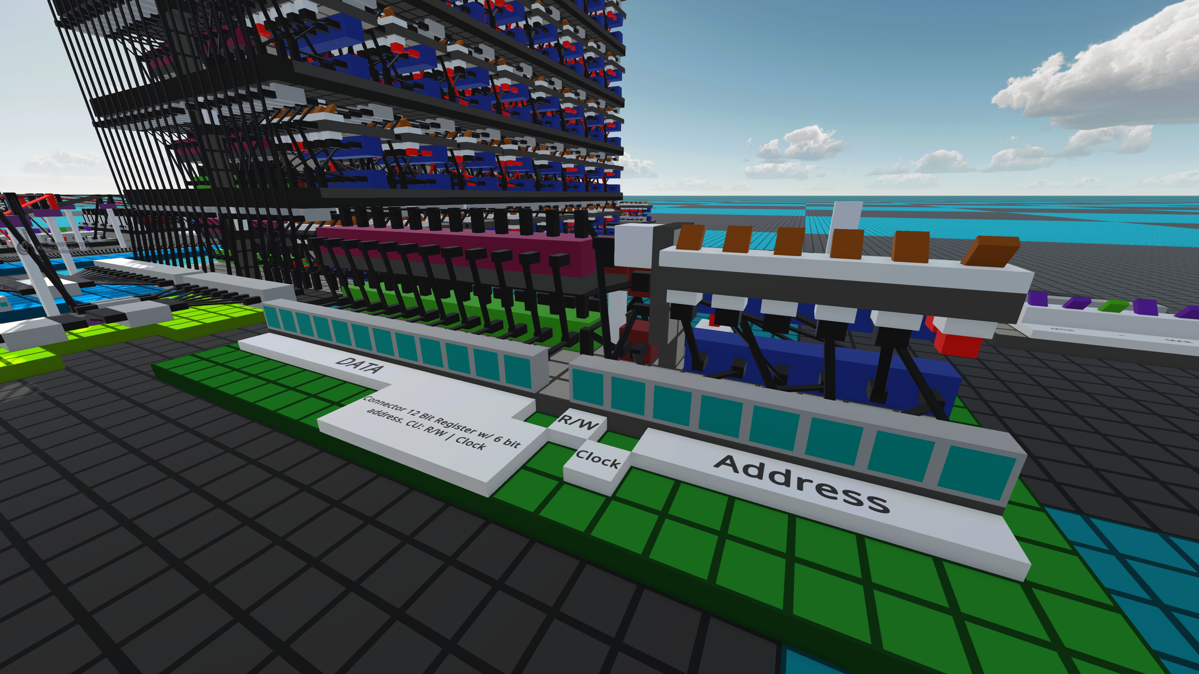 RAM and register bank in Logic World with LED output display showing stored 8-bit values