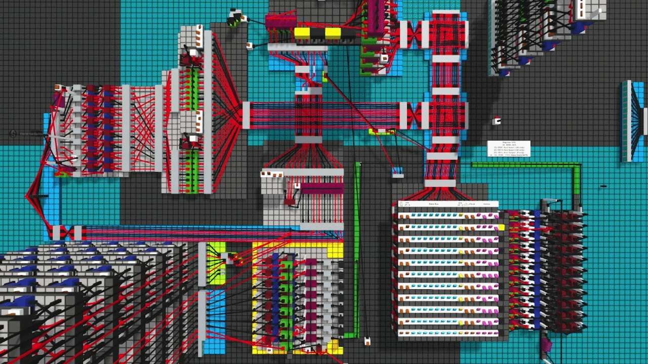 Full view of the 8-bit sequential processor inside Logic World, showing the complete wire and gate layout